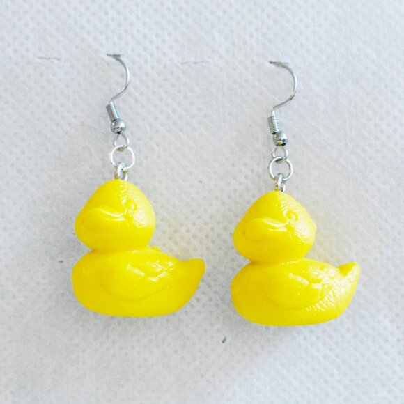 Yellow Toy Rubber Duck Drop Earrings Handmade Hypoallergenic Jewelry - Picture 1 of 7